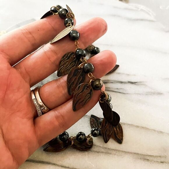 Vintage Copper Dangle Leaf Necklace Handpainted Flames Beaded Chain Unsigned - Picture 6 of 8